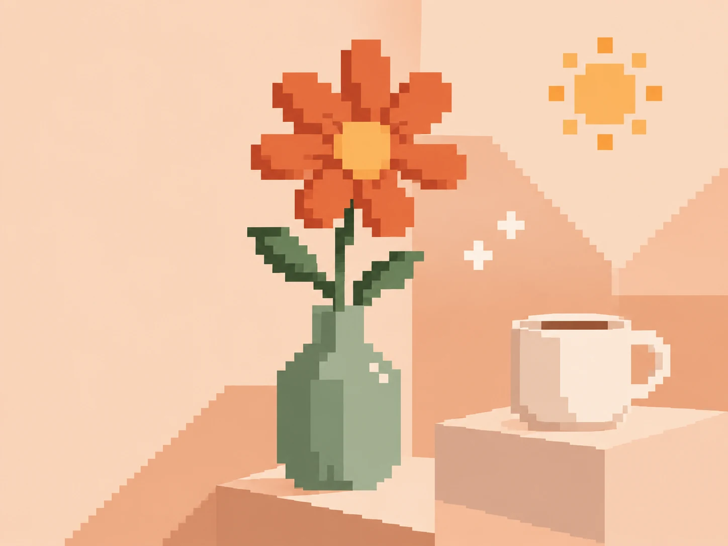 Ilustração em pixel art de uma flor coral, um vaso verde e uma xícara clara em um cenário pêssego.